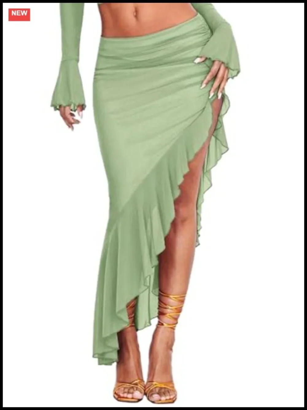 Women's High Waisted Asymmetrical Ruched Mesh Flowy Ruffle Trim Midi Long Skirt